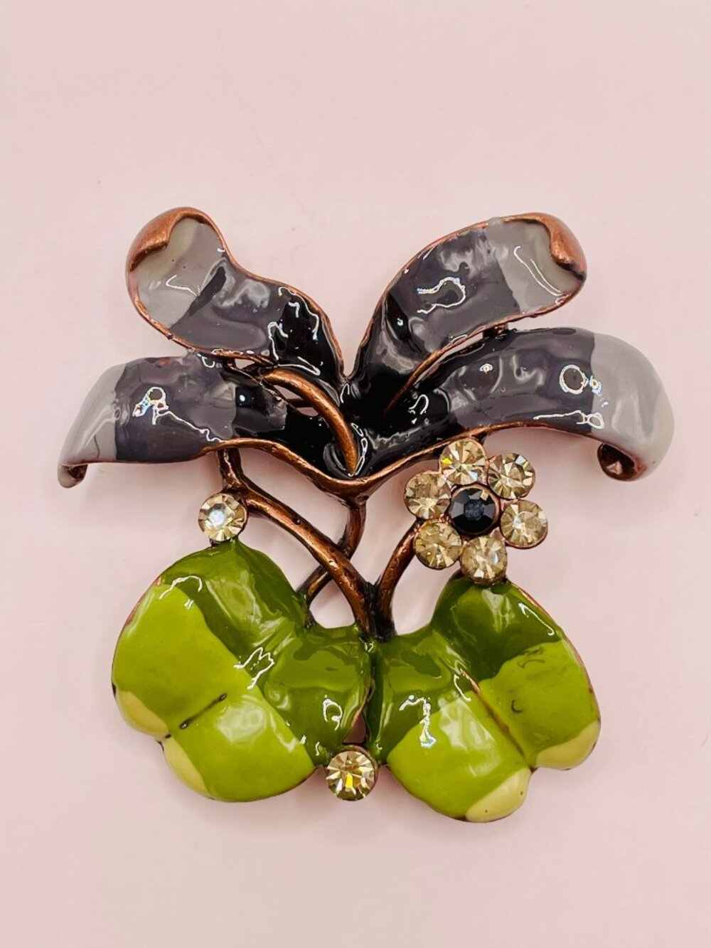 NOS Vintage Floral Enamel Brooch Rhinestone Accents - Green & Gray Leaves -41B